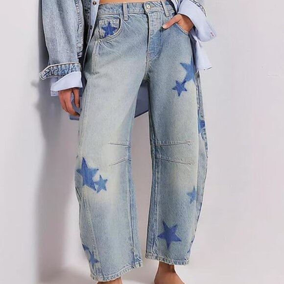 Astronomy Domain Star Printed Boyfriend Retro Horseshoe Jeans Light Blue - Picture 5 of 9
